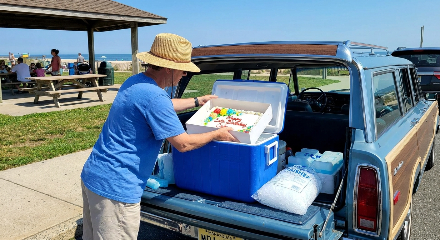 Ice cream cake kept frozen until party time with proper storage and insulation